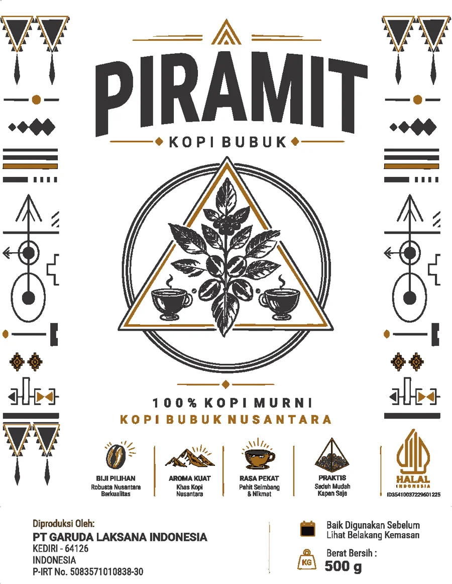 Desain kemasan Piramit dengan ornamen Nusantara
